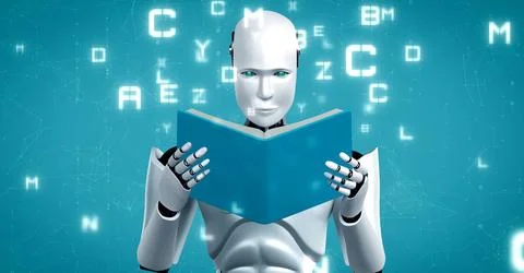 3D rendering of robot hominoid reading book Stock Illustration