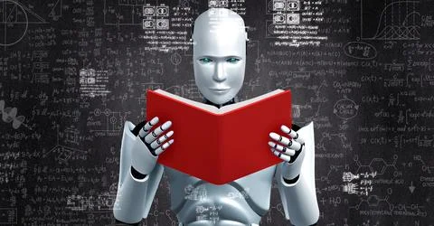 3D rendering of robot hominoid reading book and solving math 库存插图