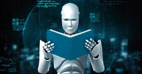 3D rendering of robot hominoid reading book and solving math イラスト素材