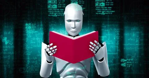 3D rendering of robot hominoid reading book and solving math Stock Illustration