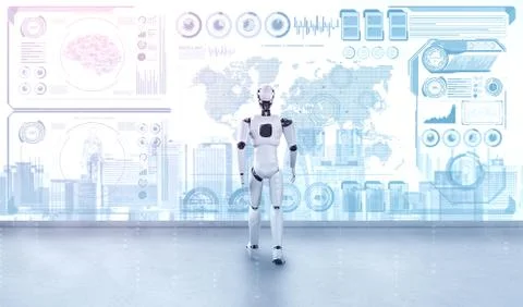 3D rendering robot humanoid analyzing big data using AI thinking 스톡 일러스트