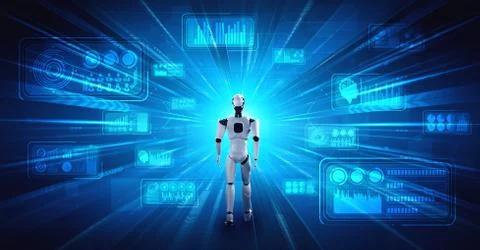 3D rendering robot humanoid analyzing big data using AI thinking Stock Illustration