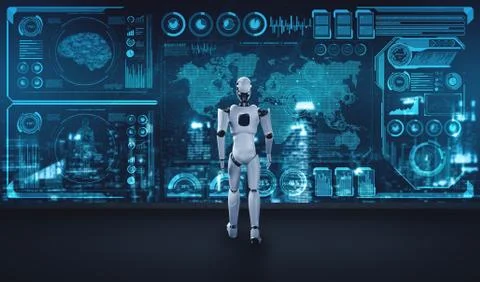 3D rendering robot humanoid analyzing big data using AI thinking Stock Illustration