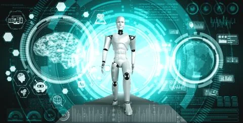 3D rendering robot humanoid analyzing big data using AI thinking Stock Illustration