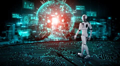 3D rendering robot humanoid analyzing big data using AI thinking Stock Illustration
