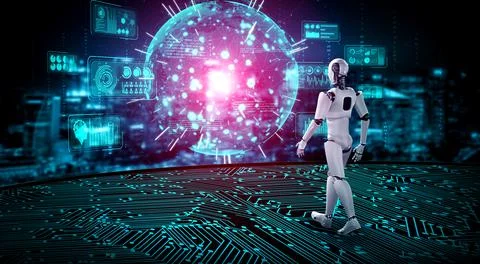 3D rendering robot humanoid analyzing big data using AI thinking Stock Illustration