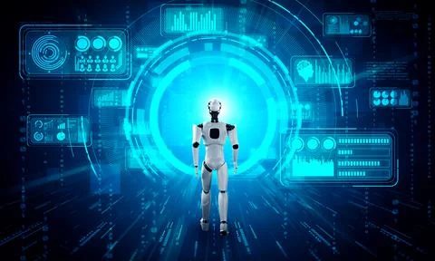 3D rendering robot humanoid analyzing big data using AI thinking 스톡 일러스트