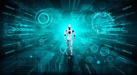 3D rendering robot humanoid analyzing big data using AI thinking Stock Illustration