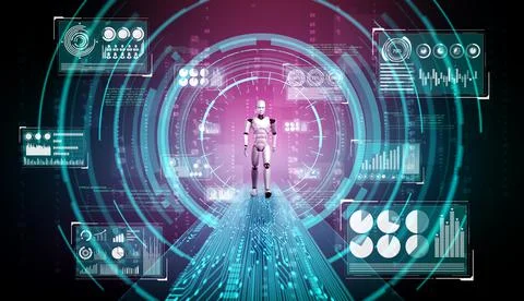 3D rendering robot humanoid analyzing big data using AI thinking 스톡 일러스트