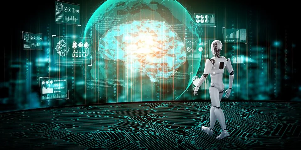 3D rendering robot humanoid analyzing big data using AI thinking Stock Illustration