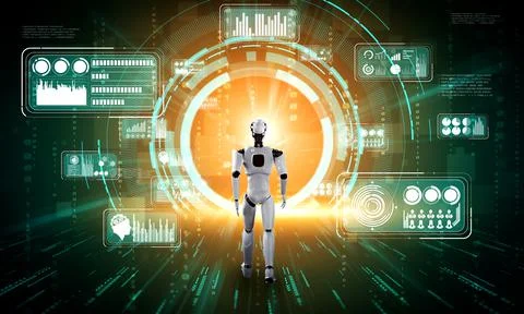 3D rendering robot humanoid analyzing big data using AI thinking Stock Illustration