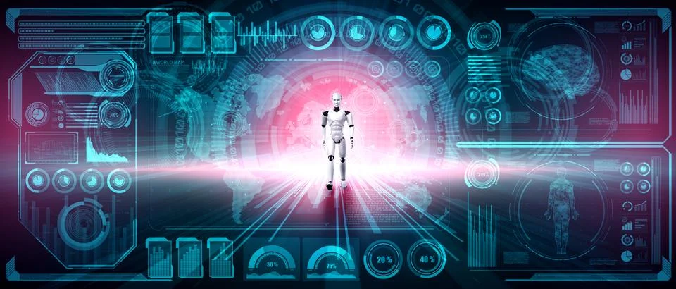 3D rendering robot humanoid analyzing big data using AI thinking 스톡 일러스트