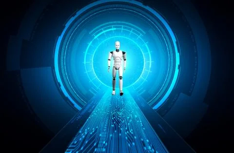 3D rendering robot humanoid in sci fi fantasy world Stock Illustration