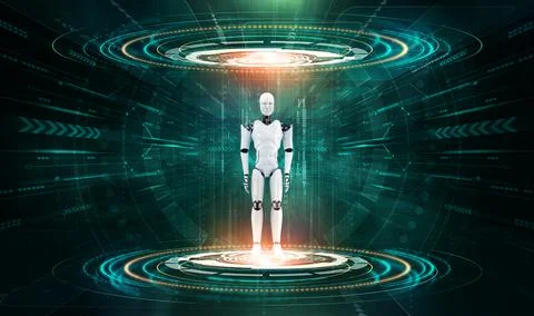 3D rendering robot humanoid in sci fi fantasy world Stock Illustration