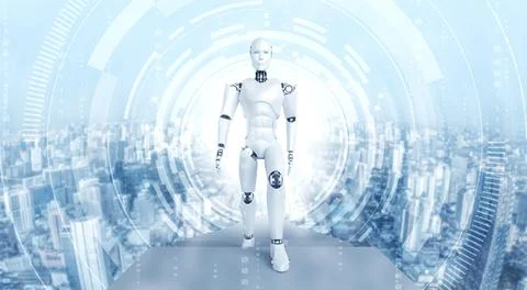 3D rendering robot humanoid in sci fi fantasy world Stock Illustration