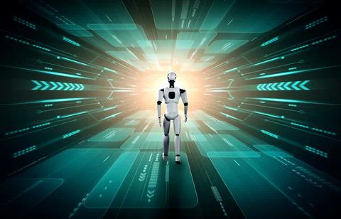 3D rendering robot humanoid in sci fi fantasy world Stock Illustration