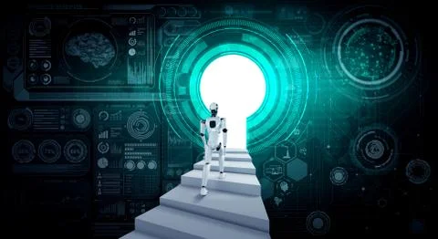3D rendering robot humanoid walk up stair to success Stock Illustration