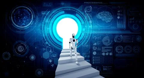 3D rendering robot humanoid walk up stair to success 스톡 일러스트