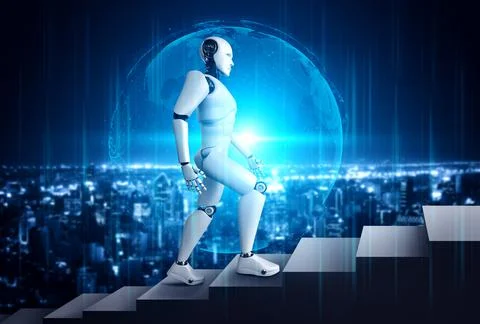 3D rendering robot humanoid walk up stair to success Illustrazione stock