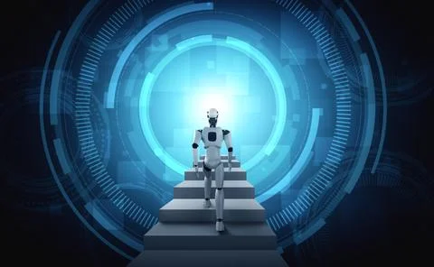 3D rendering robot humanoid walk up stair to success Illustrazione stock