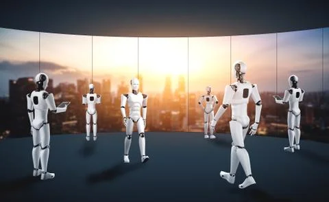 3D rendering robot humanoid working in future office interior Stock Illustration