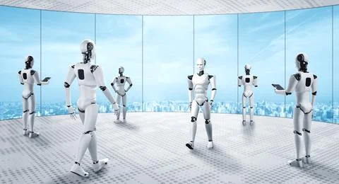 3D rendering robot humanoid working in future office interior Stock Illustration