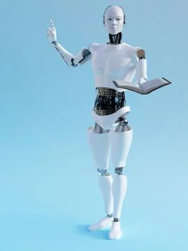 3D rendering of a robot man holding book. Stock Illustration