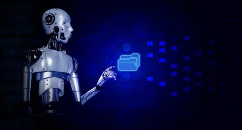 3d rendering robot pointing hand on virtual hologram of digital folder stor.. Stock Photos