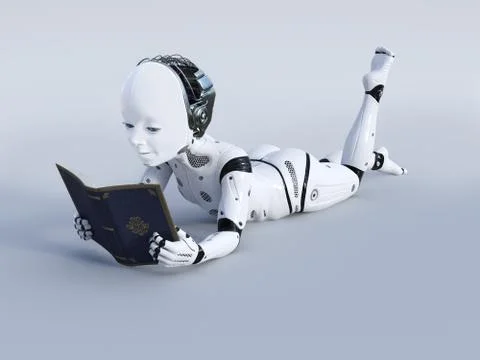 3D rendering of robotic child reading a book. Stock Illustration