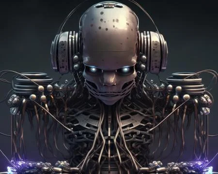 A 3D rendering of a robotic fortune teller connected to multiple wires, set.. Illustrazione stock