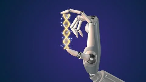 3d rendering robotic hand holding DNA helix Illustration