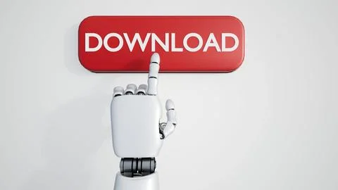 A 3D rendering of a robotic hand press a "DOWNLOAD" red button. Stock Illustration