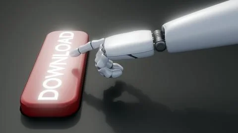 A 3D rendering of a robotic hand press a "DOWNLOAD" red button. Stock Illustration