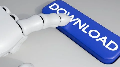A 3D rendering of a robotic hand press a "DOWNLOAD" red button. Ilustração Stock