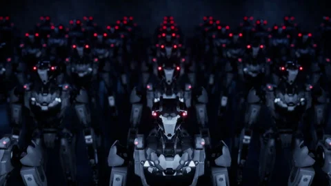 3d rendering of robotics army, industrial group of cyborg machines on factory Stock Footage 261199857