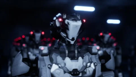 3d rendering of robotics army, industrial group of cyborg machines on factory Stock Footage 261202843