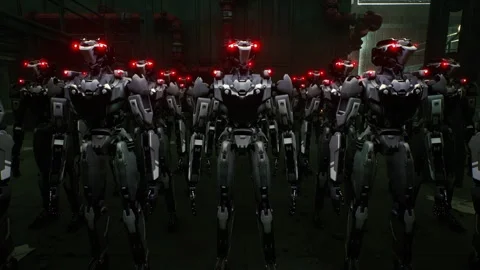 3d rendering of robotics army, industrial group of cyborg machines on factory Stock Footage 261285953