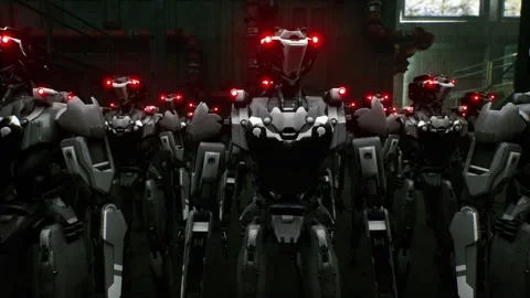 3d rendering of robotics army, industrial group of cyborg machines on factory Video stock 261291312