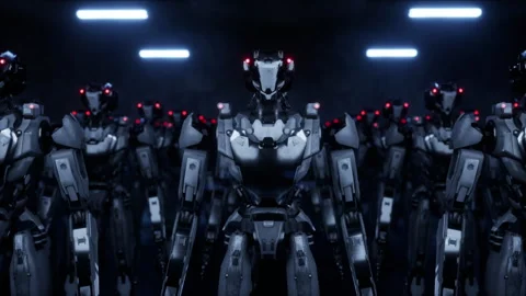 3d rendering of robotics army, industrial group of cyborg machines on factory Stock Footage 261447281