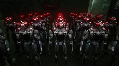 3d rendering of robotics army, industrial group of cyborg machines on factory Stock Footage 261452819