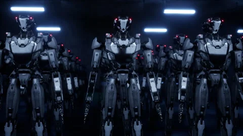 3d rendering of robotics army, industrial group of cyborg machines on factory Stock Footage 261462000