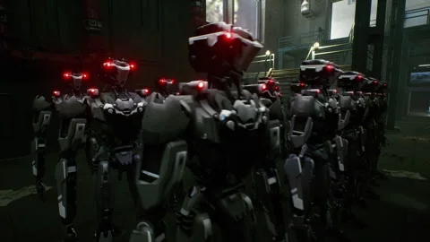 3d rendering of robotics army, industrial group of cyborg machines on factory Stock Footage 261877668