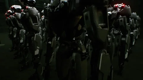 3d rendering of robotics army, industrial group of cyborg machines on factory Stock Footage 261890855