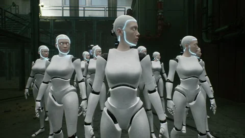 3d rendering of robotics army, industrial group of cyborg machines on factory Stock Footage 263429637