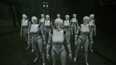 3d rendering of robotics army, industrial group of cyborg machines on factory Stock Footage 263437673