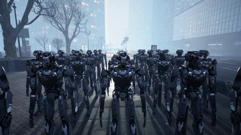 3d rendering of robotics army, industrial group of cyborg machines on factory Stock Footage 264115560