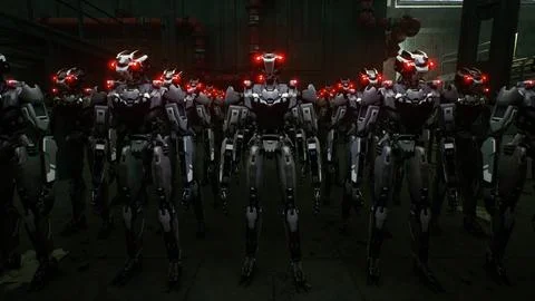 3d rendering of robotics army, industrial group of cyborg machines on factory 스톡 일러스트