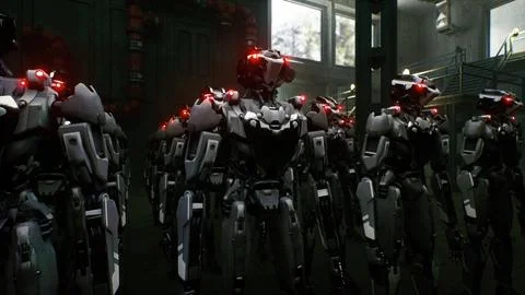 3d rendering of robotics army, industrial group of cyborg machines on factory Stock Illustration