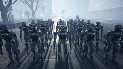 3d rendering of robotics army, industrial group of cyborg machines on factory Stock Illustration