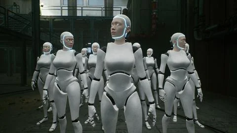 3d rendering of robotics army, industrial group of cyborg machines on factory 스톡 일러스트